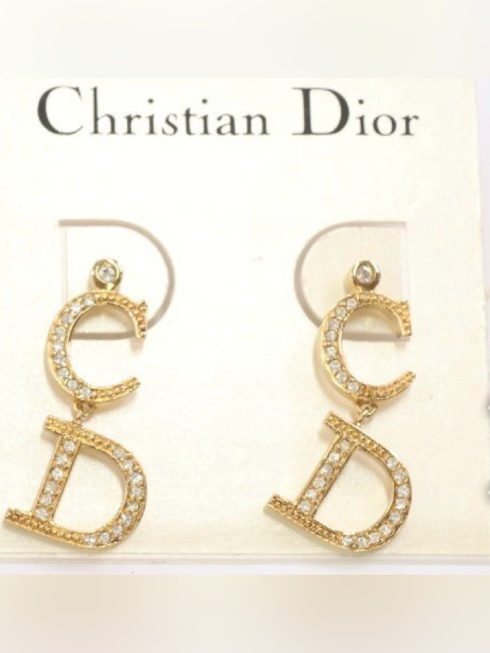 Dior Gold Crystal 'CD' Letter Drop Earrings